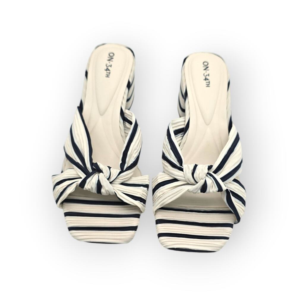 ON 34th Gaia Navy White Striped Knotted Slide Sandals Block Heel Mule 9.5M NIB